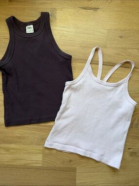 Zara Kids Ribbed Tank Top Duo - Dark Brown & Light Pink Sz 11-12 yrs